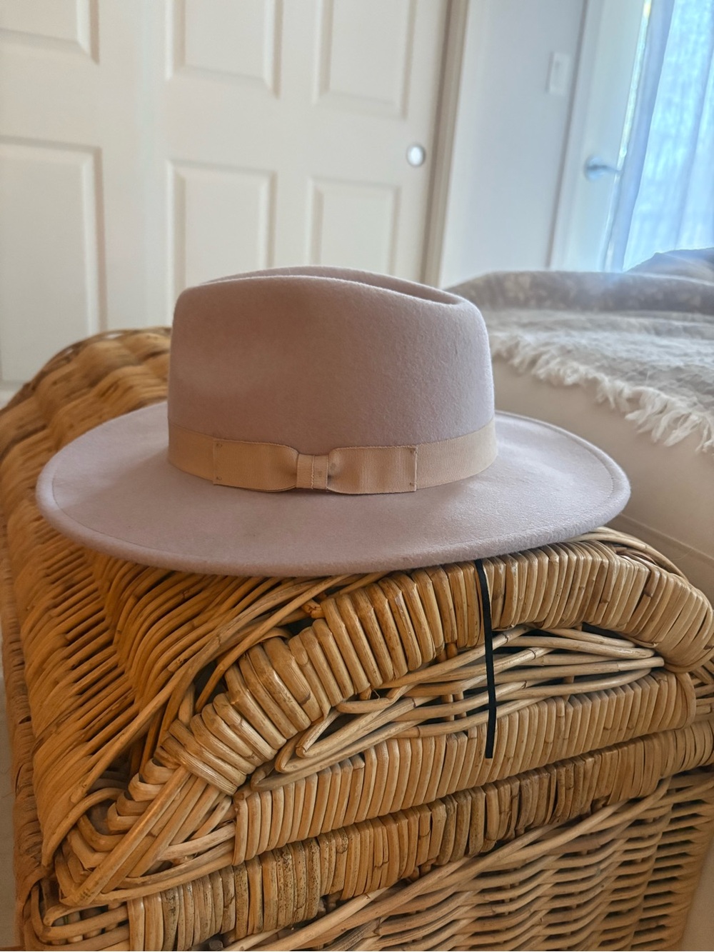 Cost Plus World Market Taupe Wool Felt Wide Brim Fedora with Tan Ribbon